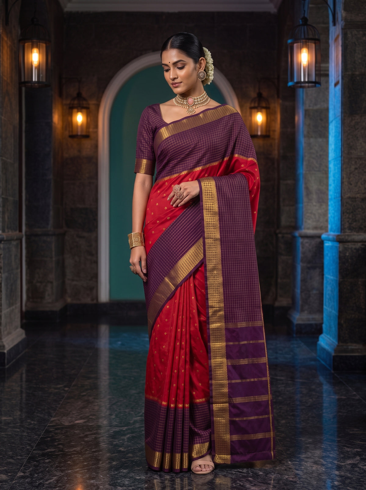 MIMOSA Red Mysore Silk crepe Saree — pose 10 styling detail