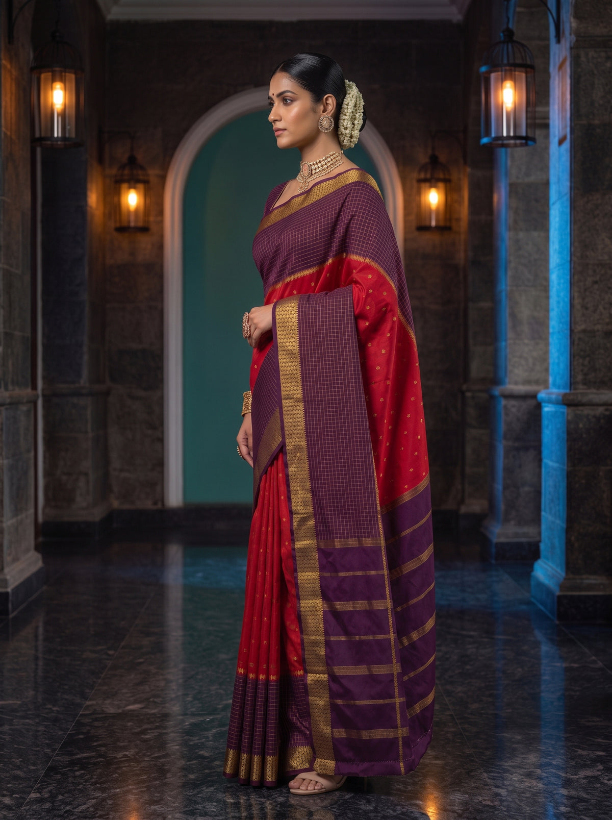 MIMOSA Red Mysore Silk crepe Saree — pose 3 styling detail