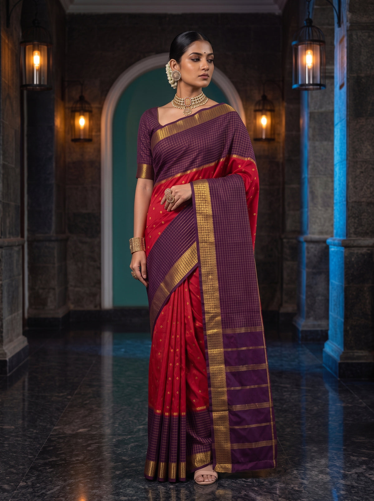MIMOSA Red Mysore Silk crepe Saree — pose 5 styling detail