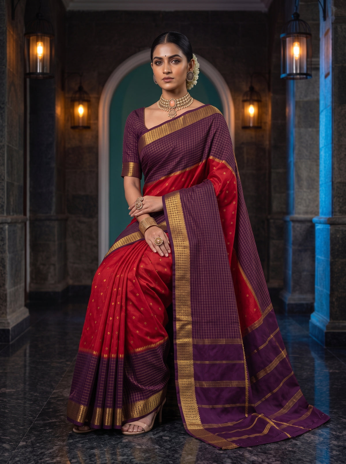 MIMOSA Red Mysore Silk crepe Saree — pose 8 styling detail