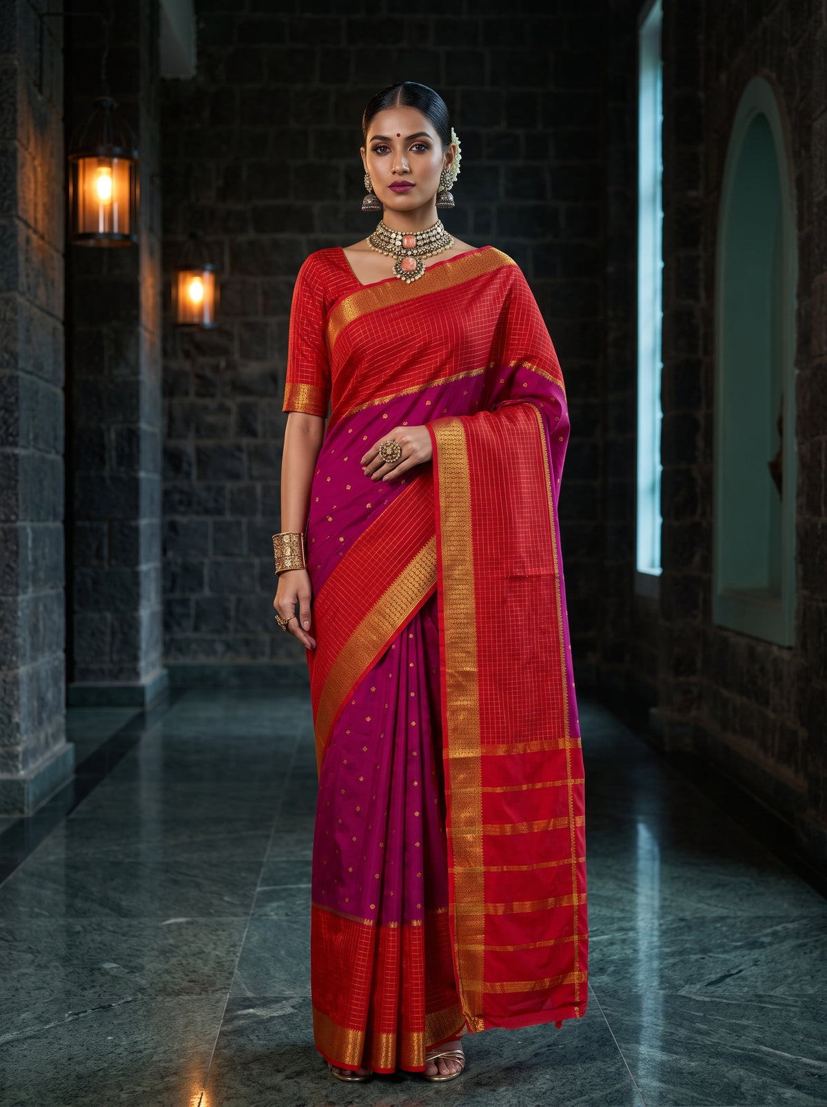 MIMOSA Rani Mysore Silk crepe Saree — AI model lifestyle pose
