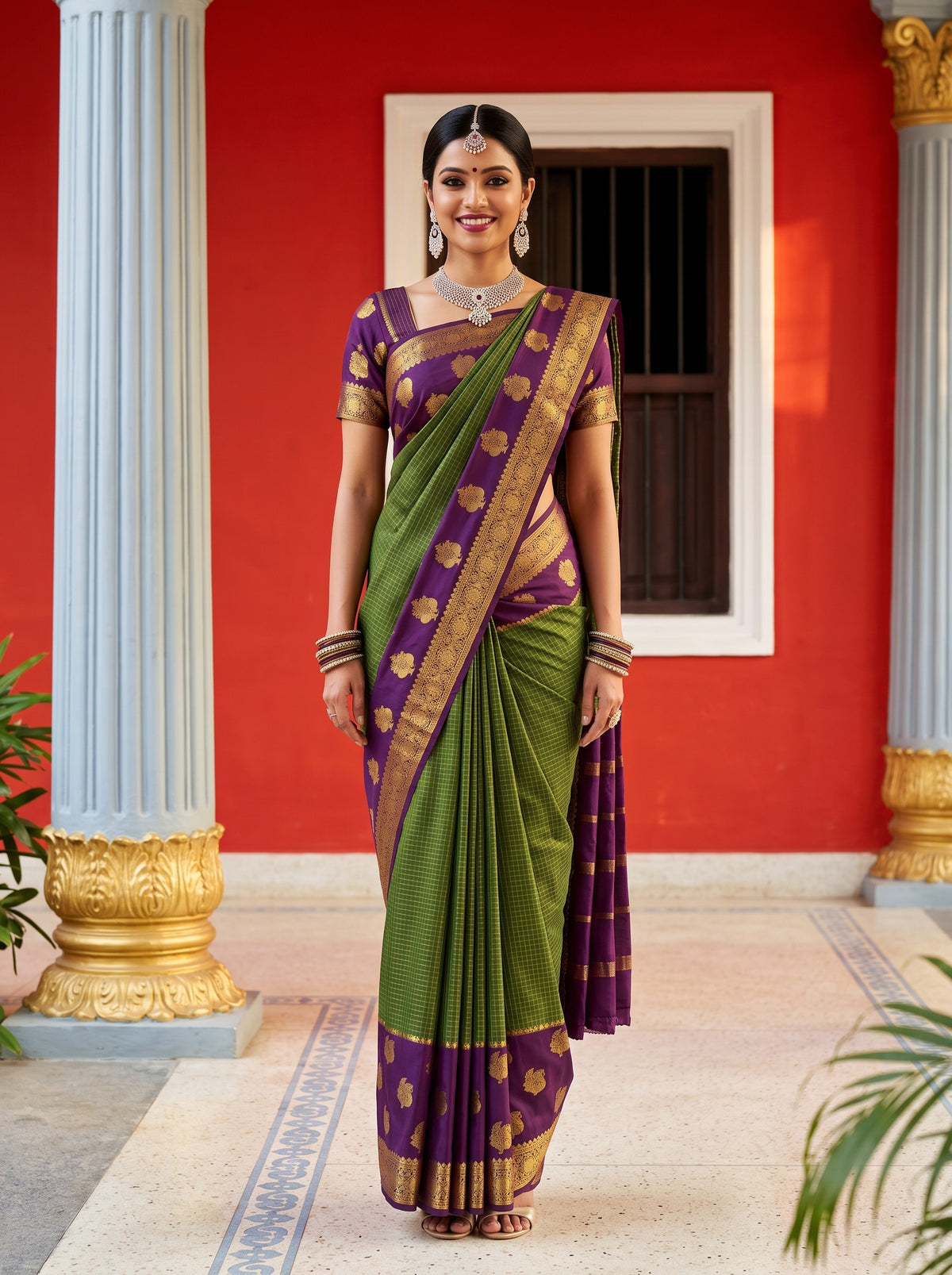 MIMOSA Olive Saree Saree — front view on mannequin