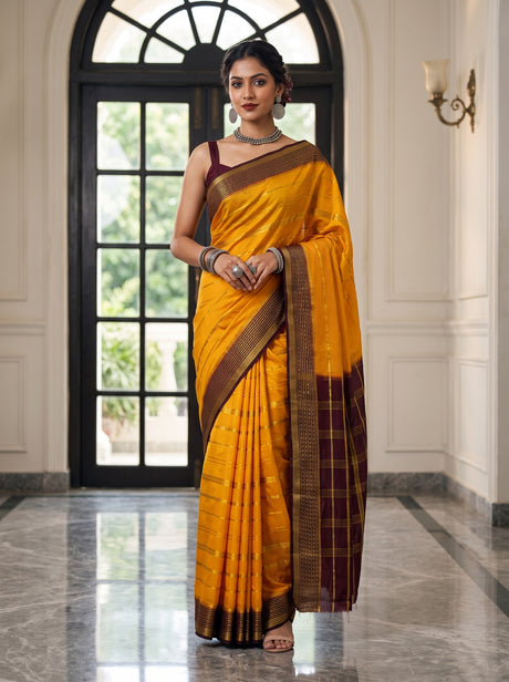 MIMOSA Gold Saree Saree — front view on mannequin