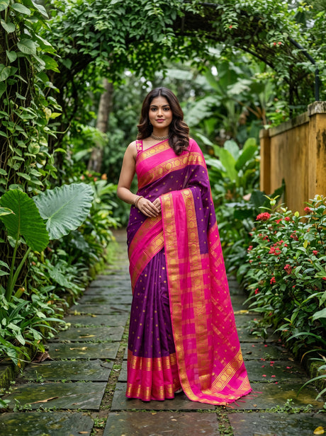 MIMOSA Magenta Mysore Silk Crepe Saree — Model lifestyle pose