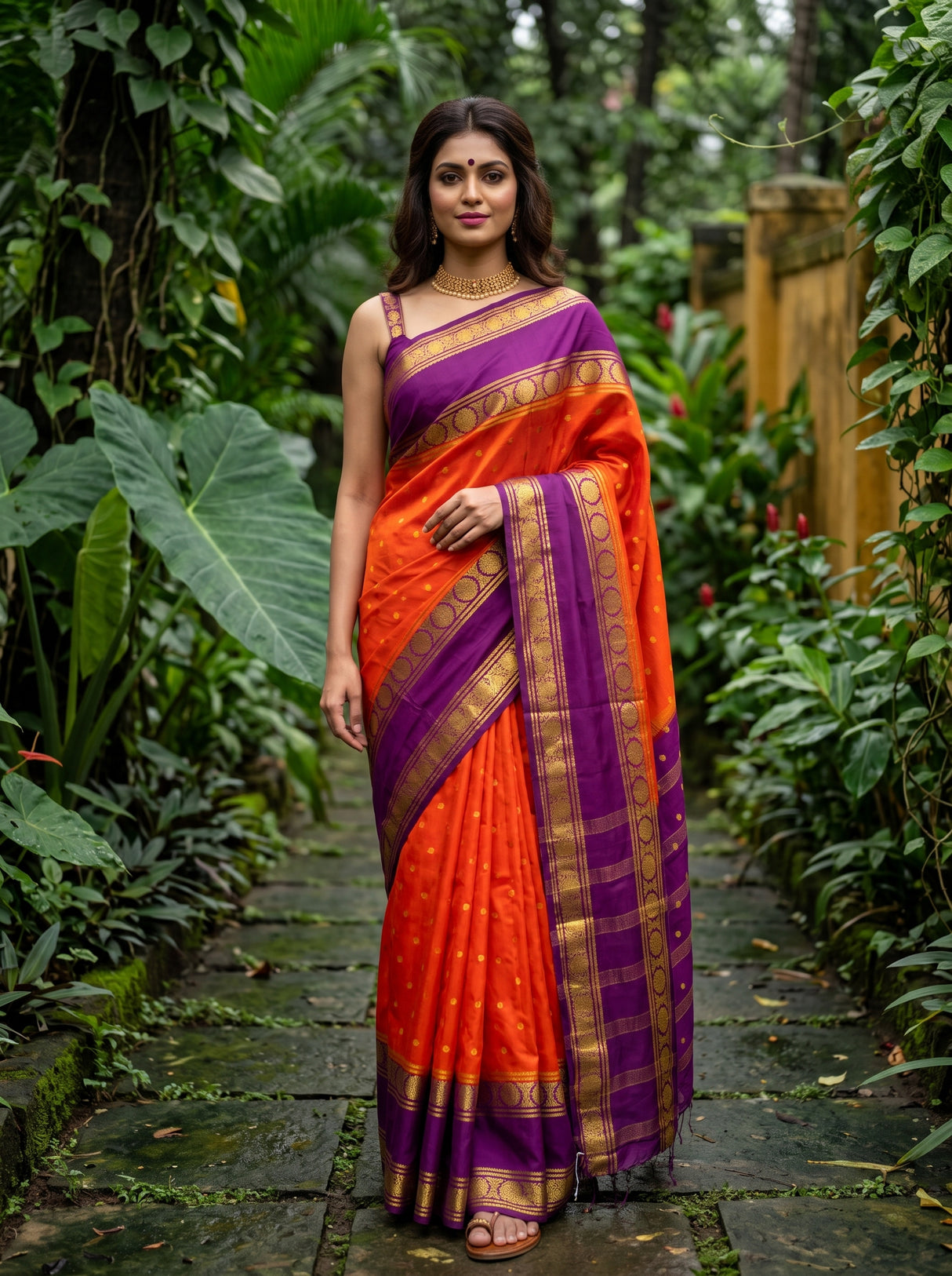 MIMOSA Orange Mysore Silk Crepe Saree — Model lifestyle pose