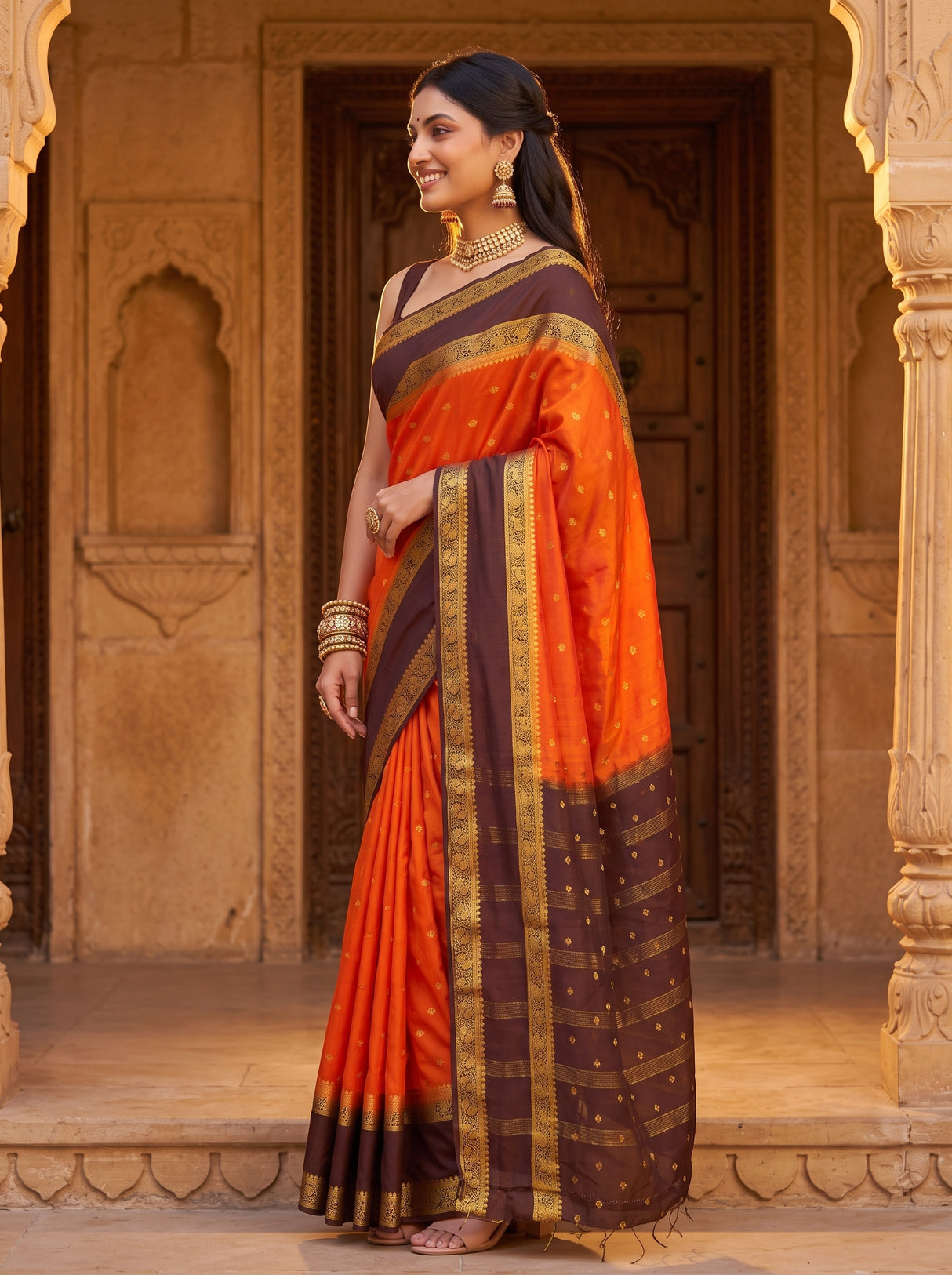 MIMOSA Orange Saree Saree — pose 3 styling detail