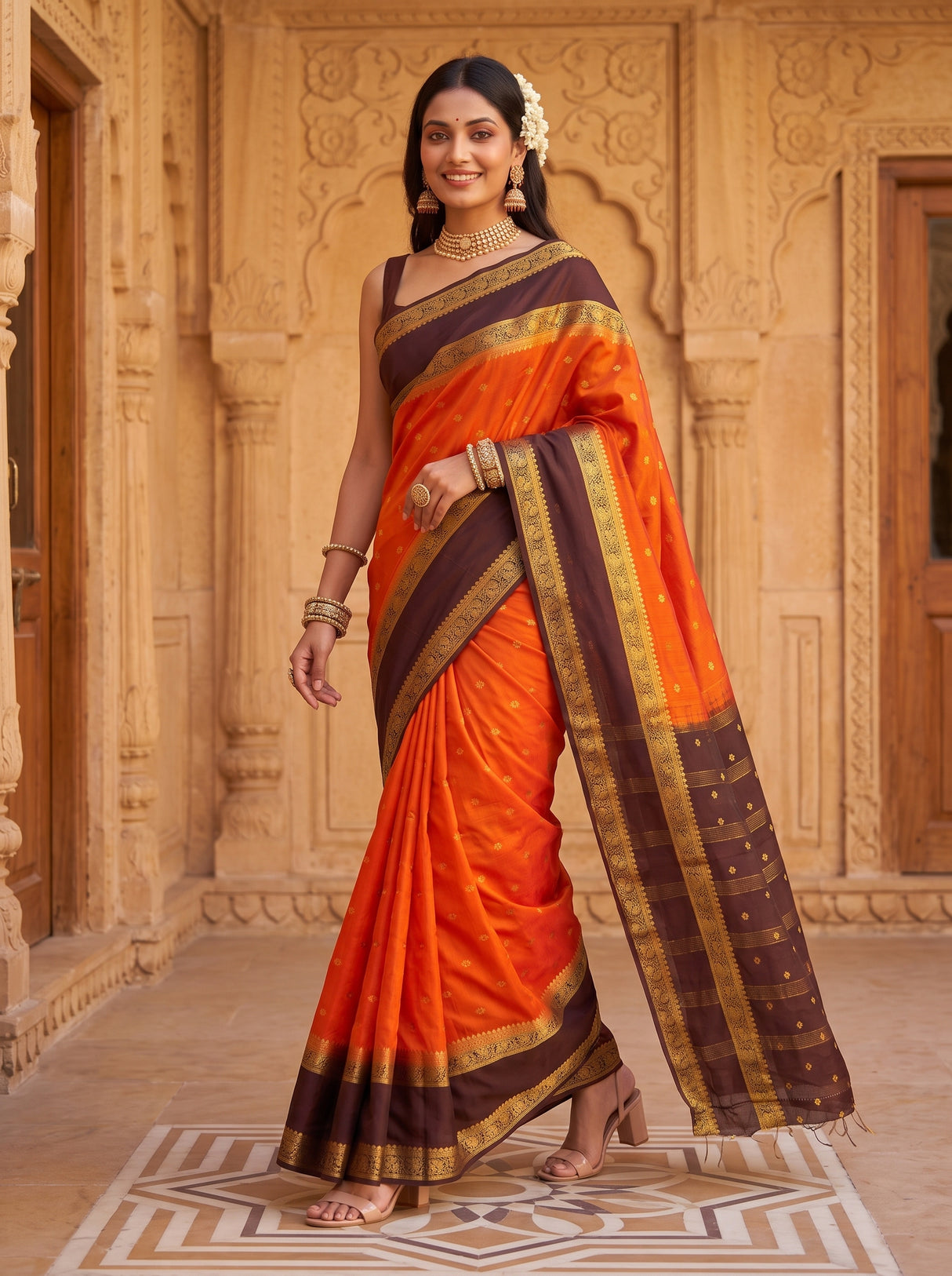 MIMOSA Orange Saree Saree — pose 6 styling detail