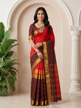 MIMOSA Red Saree Saree — front view on mannequin