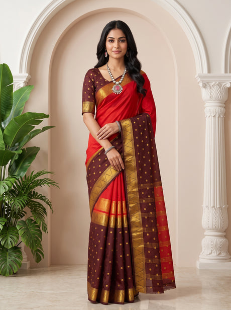 MIMOSA Red Saree Saree — front view on mannequin