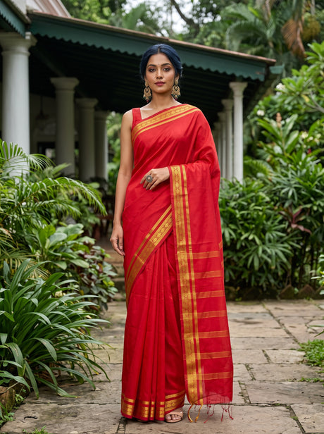 MIMOSA Red Saree Saree — front view on mannequin