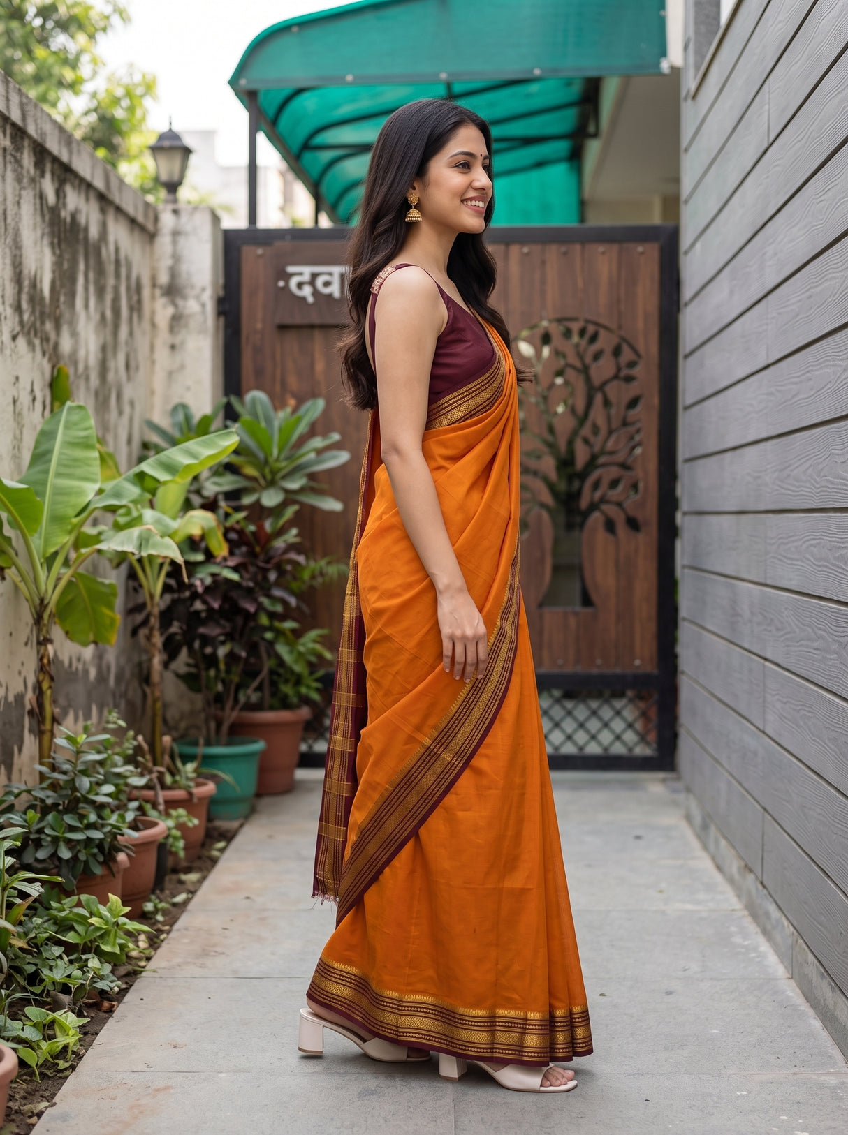 MIMOSA Mustard Mysore Silk Crepe Saree — pose 3 styling detail