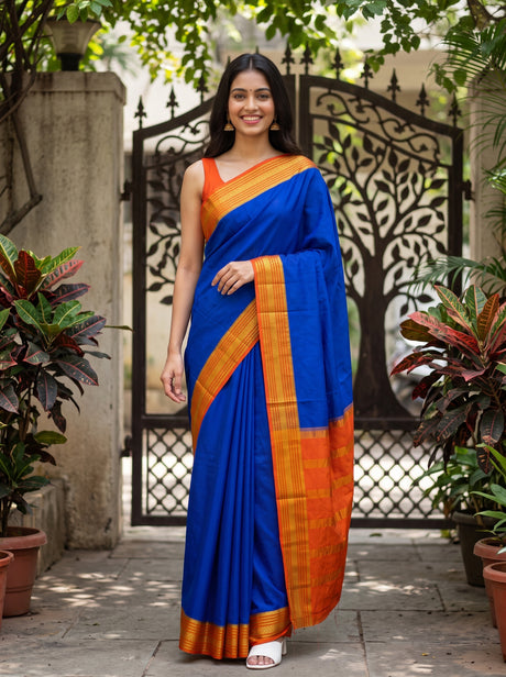 MIMOSA Royal Blue Mysore Silk Crepe Saree — front view on mannequin
