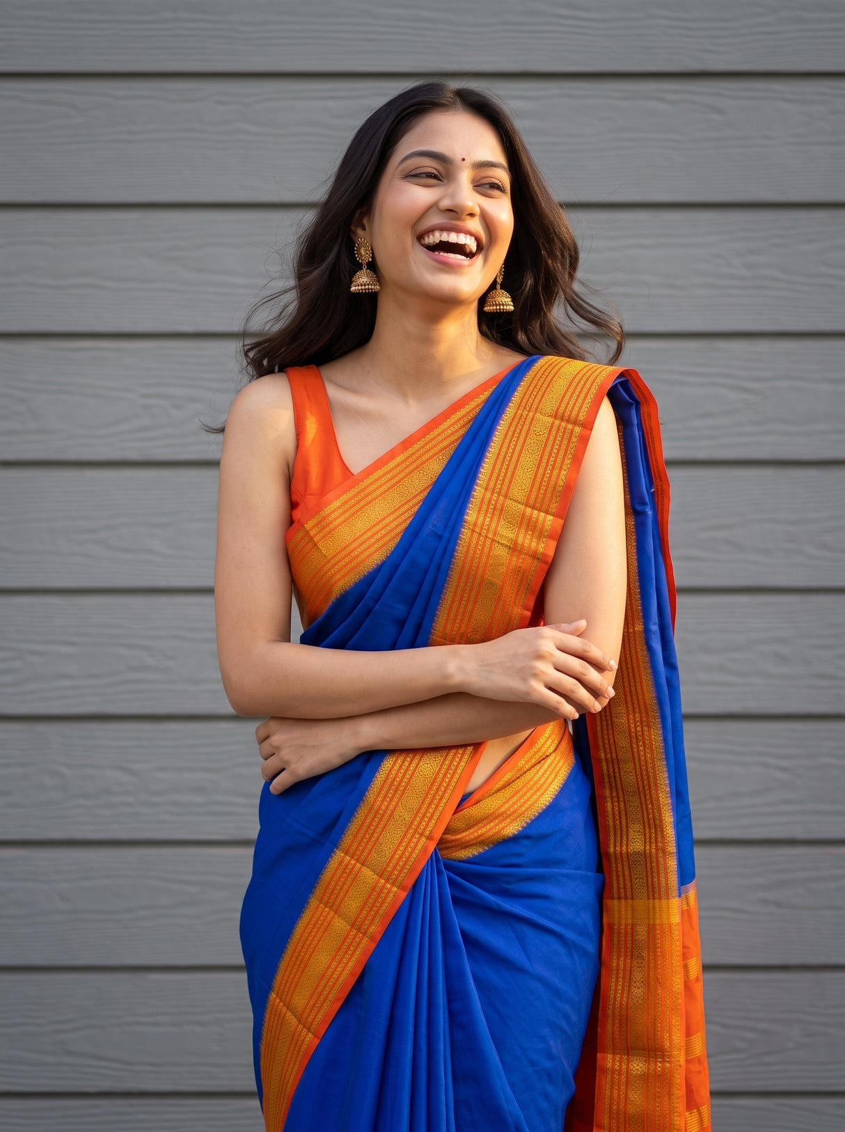 MIMOSA Royal Blue Mysore Silk Crepe Saree — pose 10 styling detail