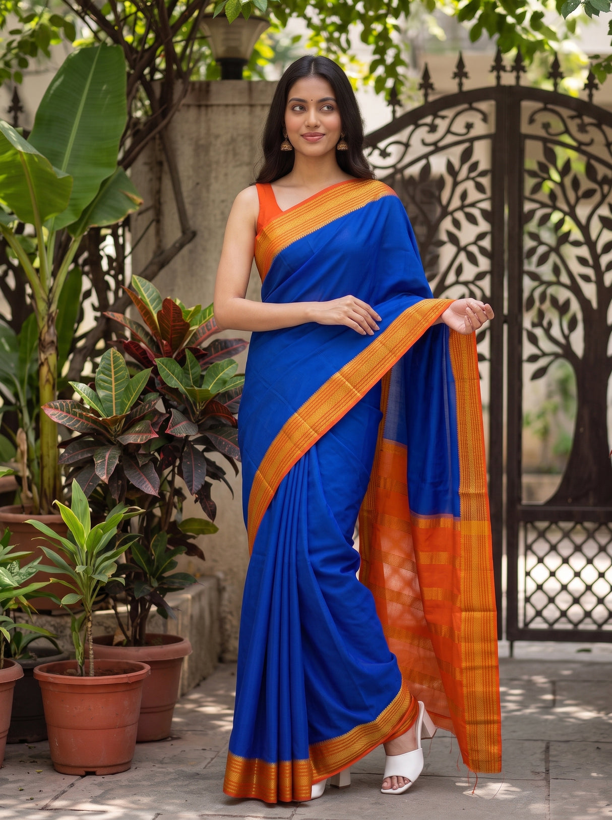 MIMOSA Royal Blue Mysore Silk Crepe Saree — pose 5 styling detail