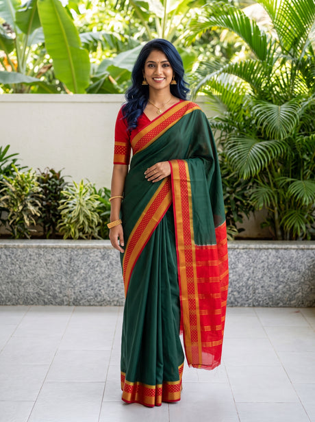 MIMOSA Bottle Green Mysore Silk Crepe Saree — front view on mannequin