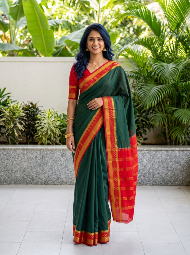 MIMOSA Bottle Green Mysore Silk Crepe Saree — front view on mannequin