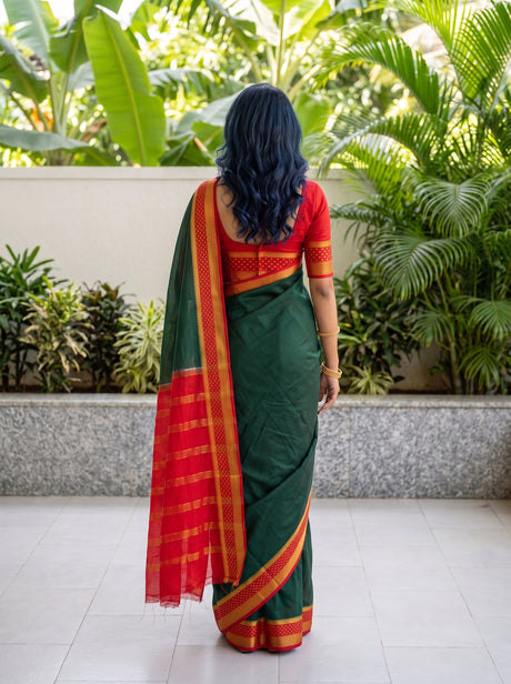 MIMOSA Bottle Green Mysore Silk Crepe Saree — pose 2 styling detail
