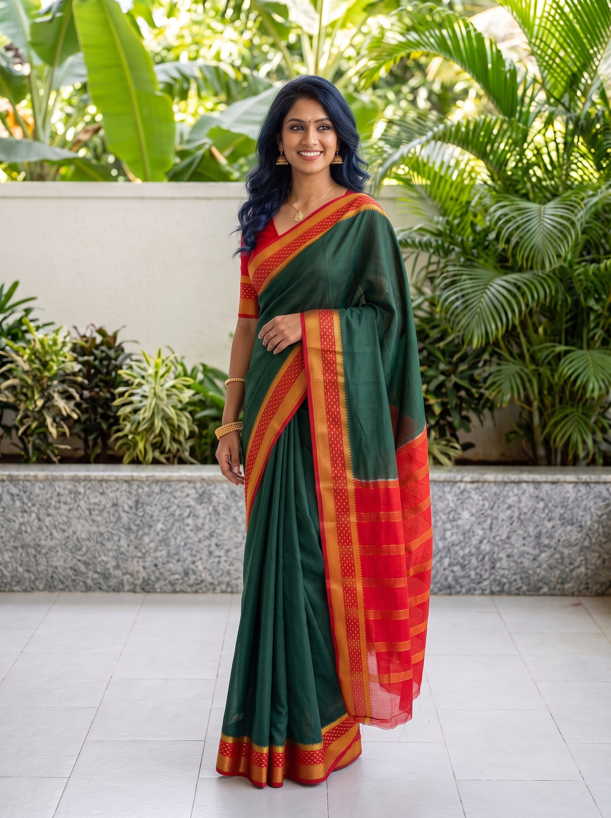 MIMOSA Bottle Green Mysore Silk Crepe Saree — pose 3 styling detail