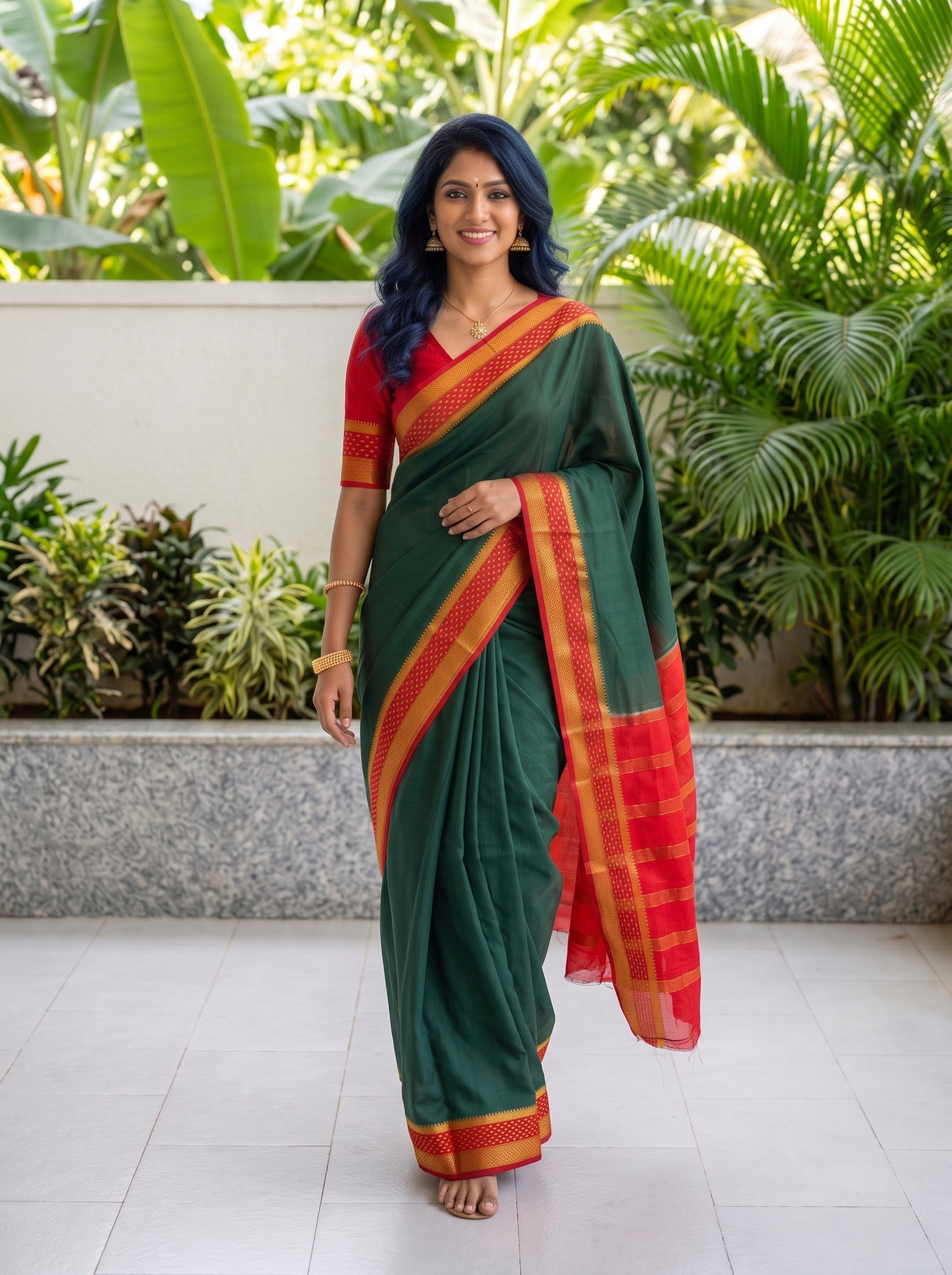 MIMOSA Bottle Green Mysore Silk Crepe Saree — pose 6 styling detail