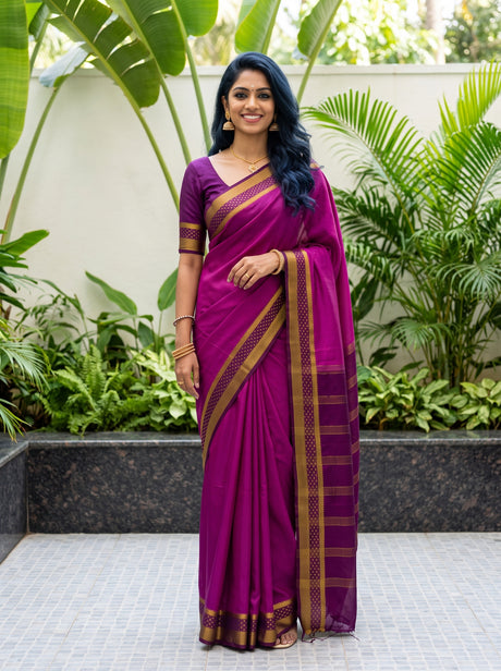 MIMOSA Magenta Mysore Silk Crepe Saree — front view on mannequin