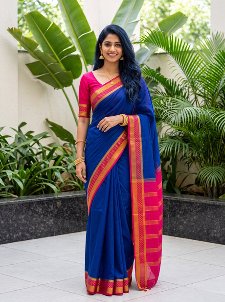 MIMOSA Navy Mysore Silk Crepe Saree — front view on mannequin