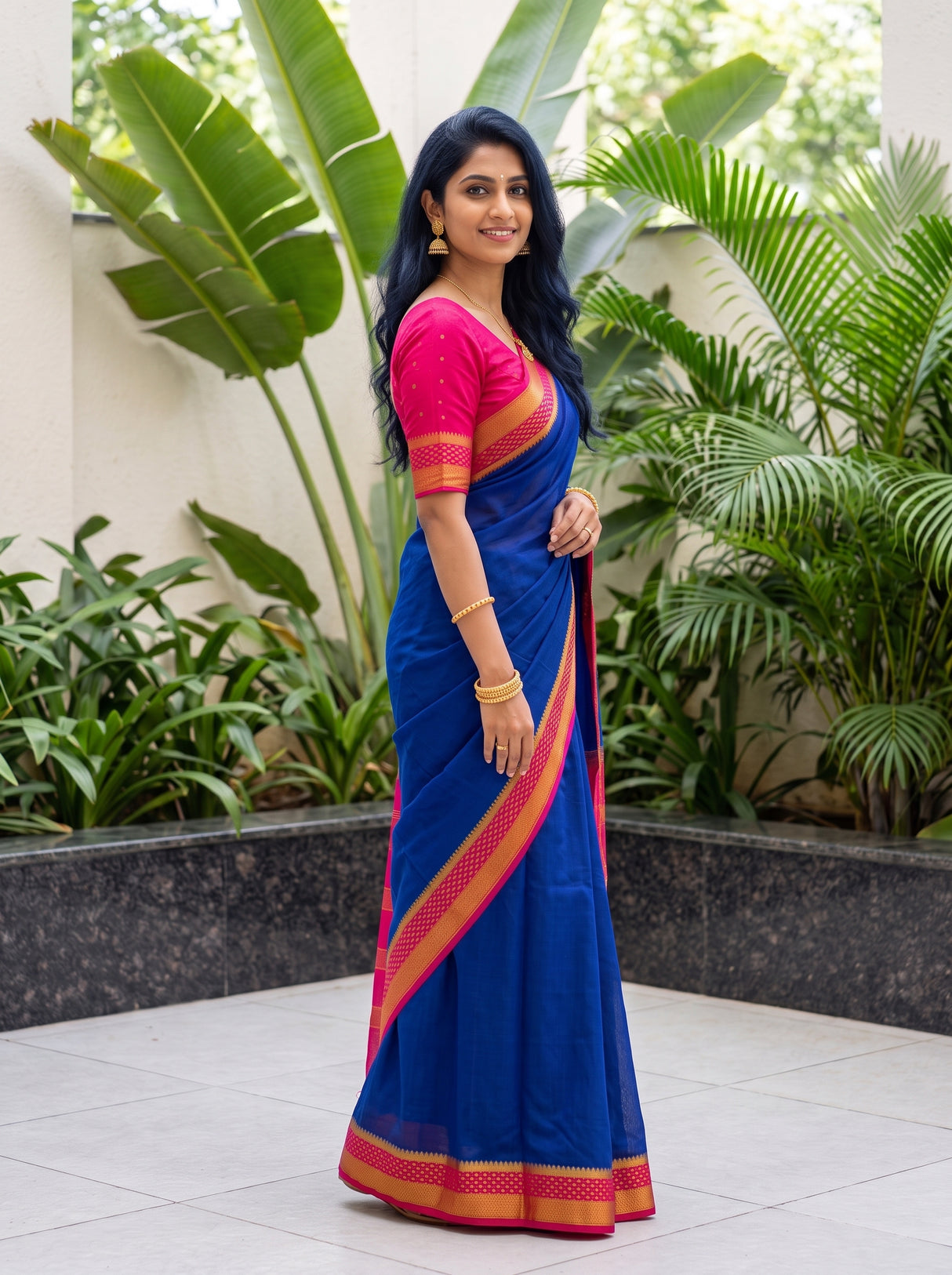MIMOSA Navy Mysore Silk Crepe Saree — pose 3 styling detail