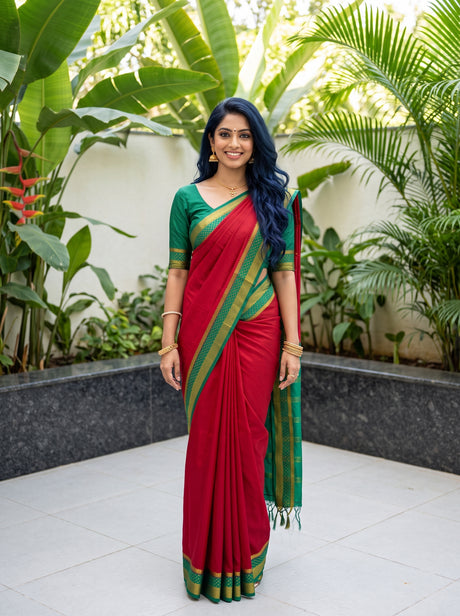 MIMOSA Red Mysore Silk Crepe Saree — front view on mannequin