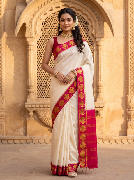 MIMOSA Half White Saree Saree — front view on mannequin