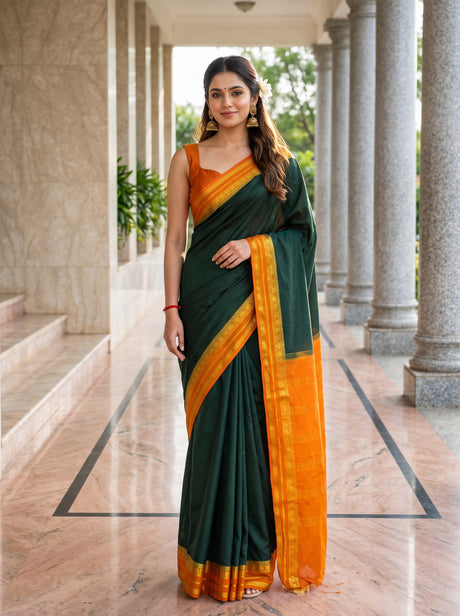 MIMOSA Bottle Green Mysore Silk Crepe Saree — AI Model lifestyle