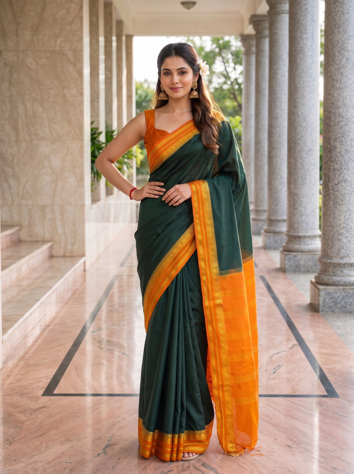 MIMOSA Bottle Green Mysore Silk Crepe Saree — Saree shot pallu body