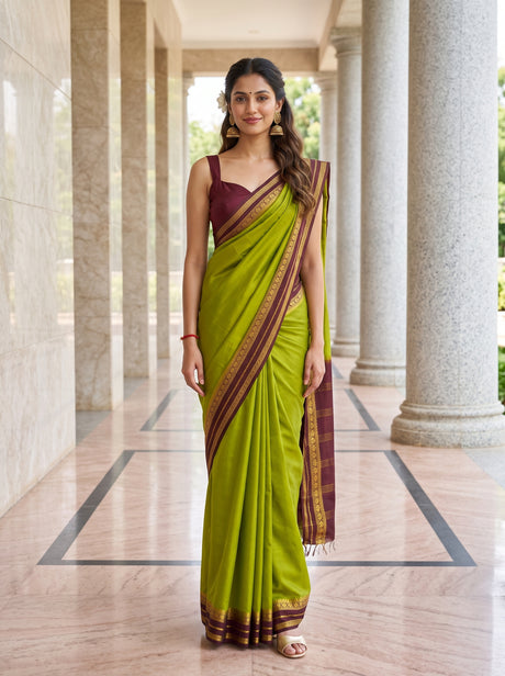 MIMOSA Olive Mysore Silk Crepe Saree — AI Model lifestyle