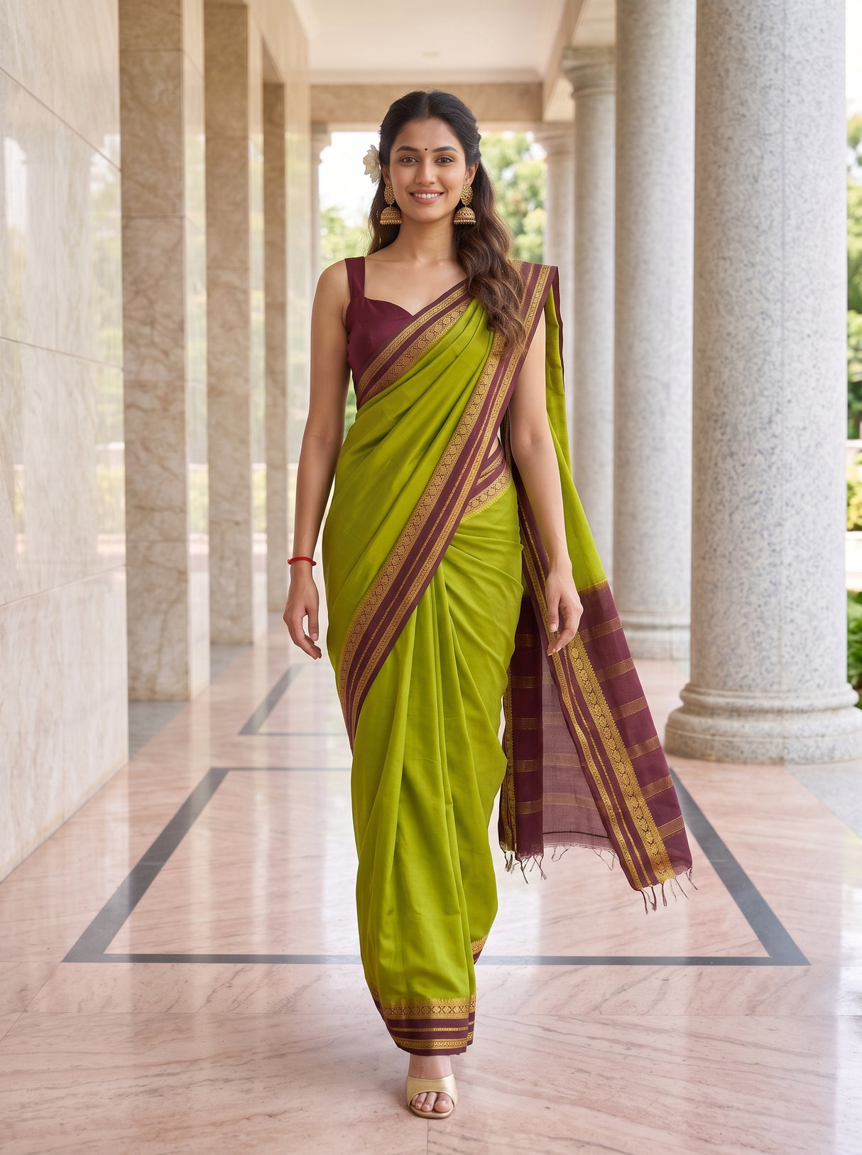 MIMOSA Olive Mysore Silk Crepe Saree — pose 6 styling detail