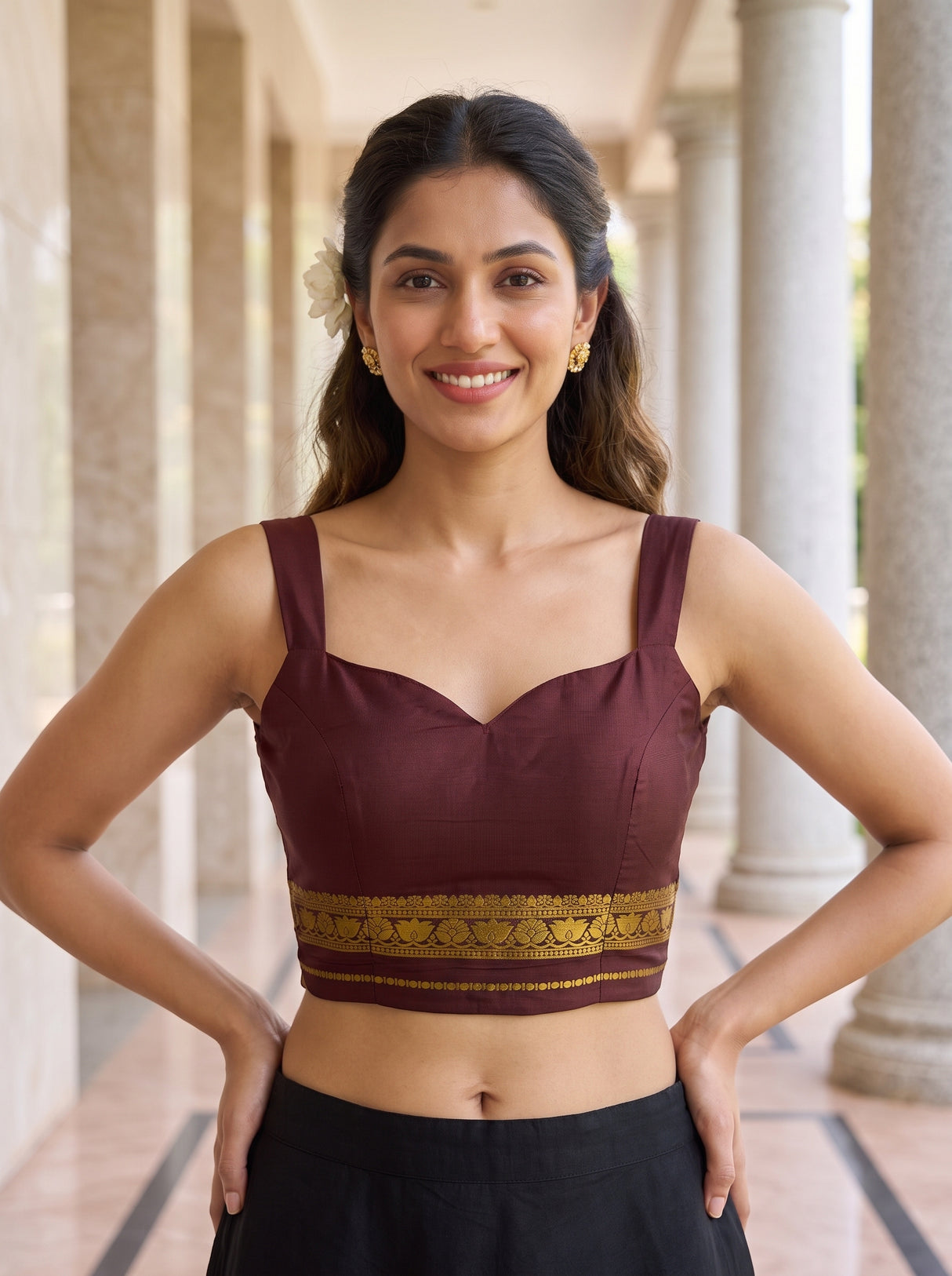MIMOSA Olive Mysore Silk Crepe Saree — blouse close-up