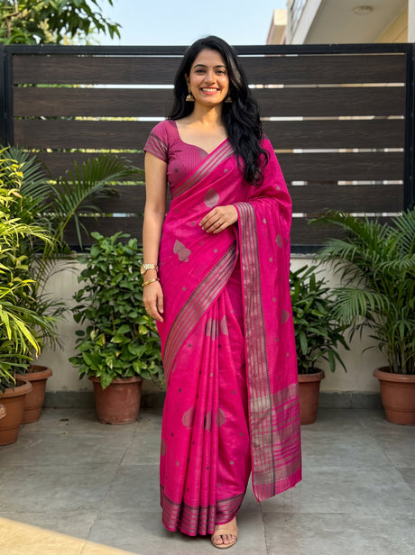 MIMOSA Gajari Banarasi tusser Saree — AI model lifestyle pose