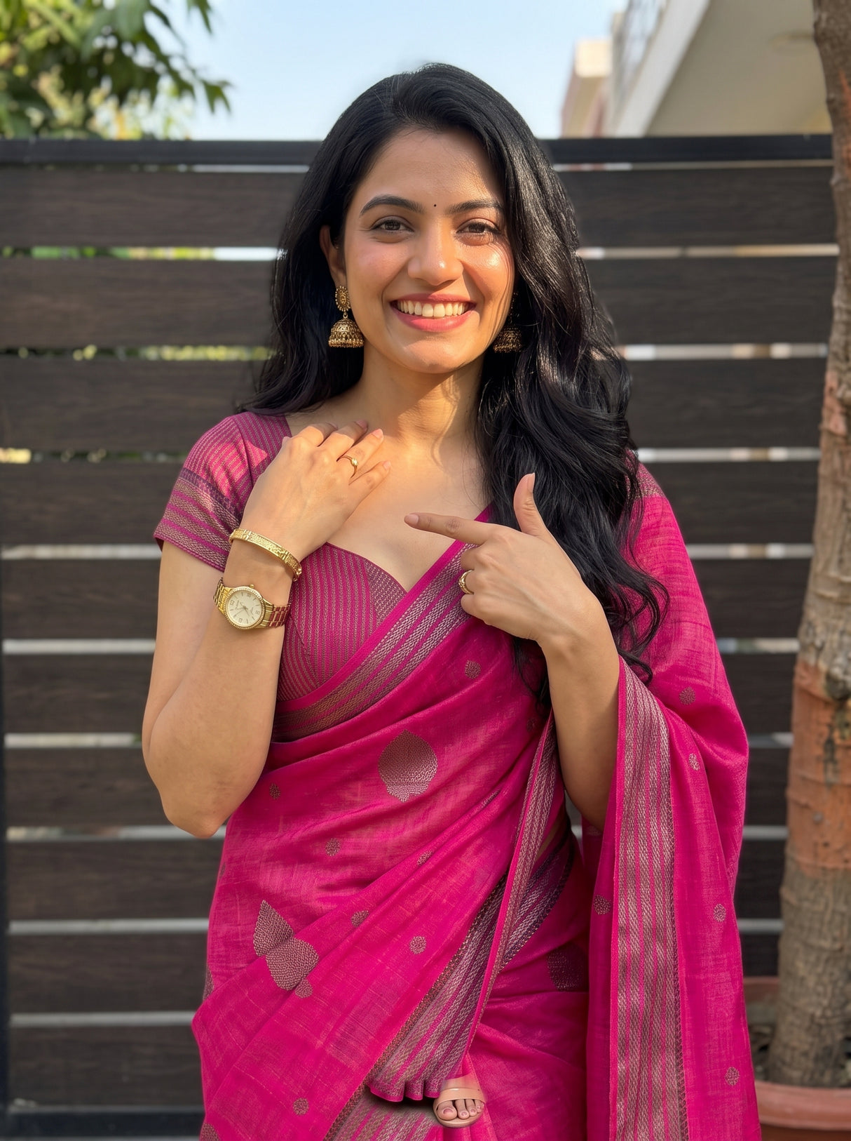 MIMOSA Gajari Banarasi tusser Saree — pose 10 styling detail