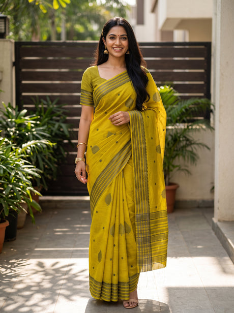 MIMOSA Lemon Banarasi tusser Saree — AI model lifestyle pose