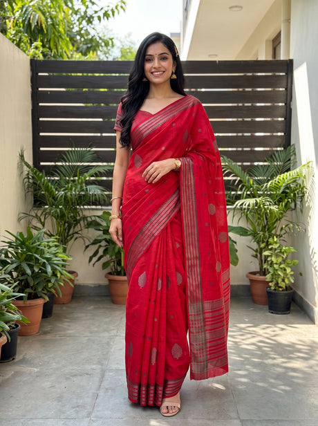 MIMOSA Strawberry Banarasi tusser Saree — AI model lifestyle pose