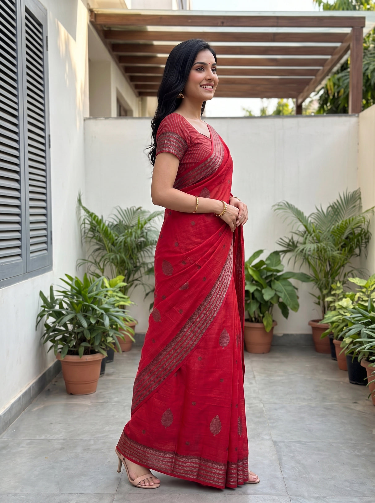 MIMOSA Strawberry Banarasi tusser Saree — close-up of pallu and body