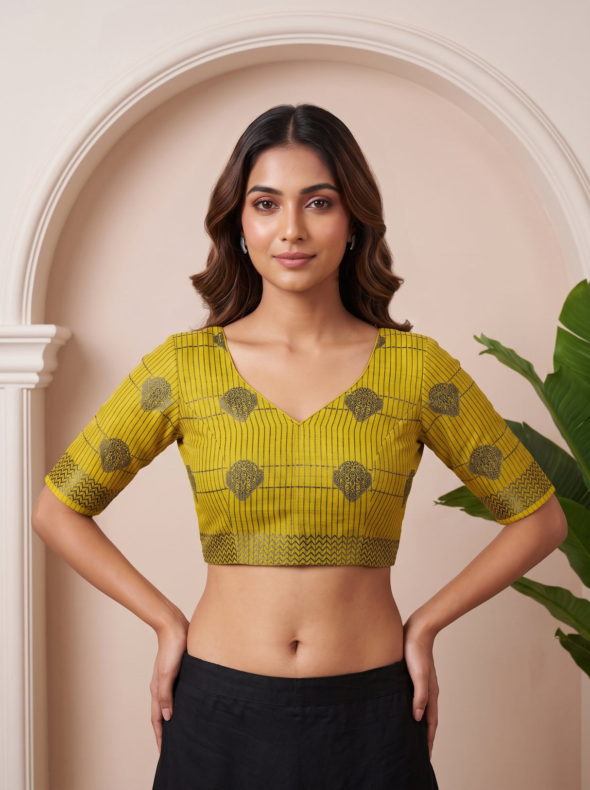 MIMOSA Lemon Banarasi tusser Saree — blouse close-up