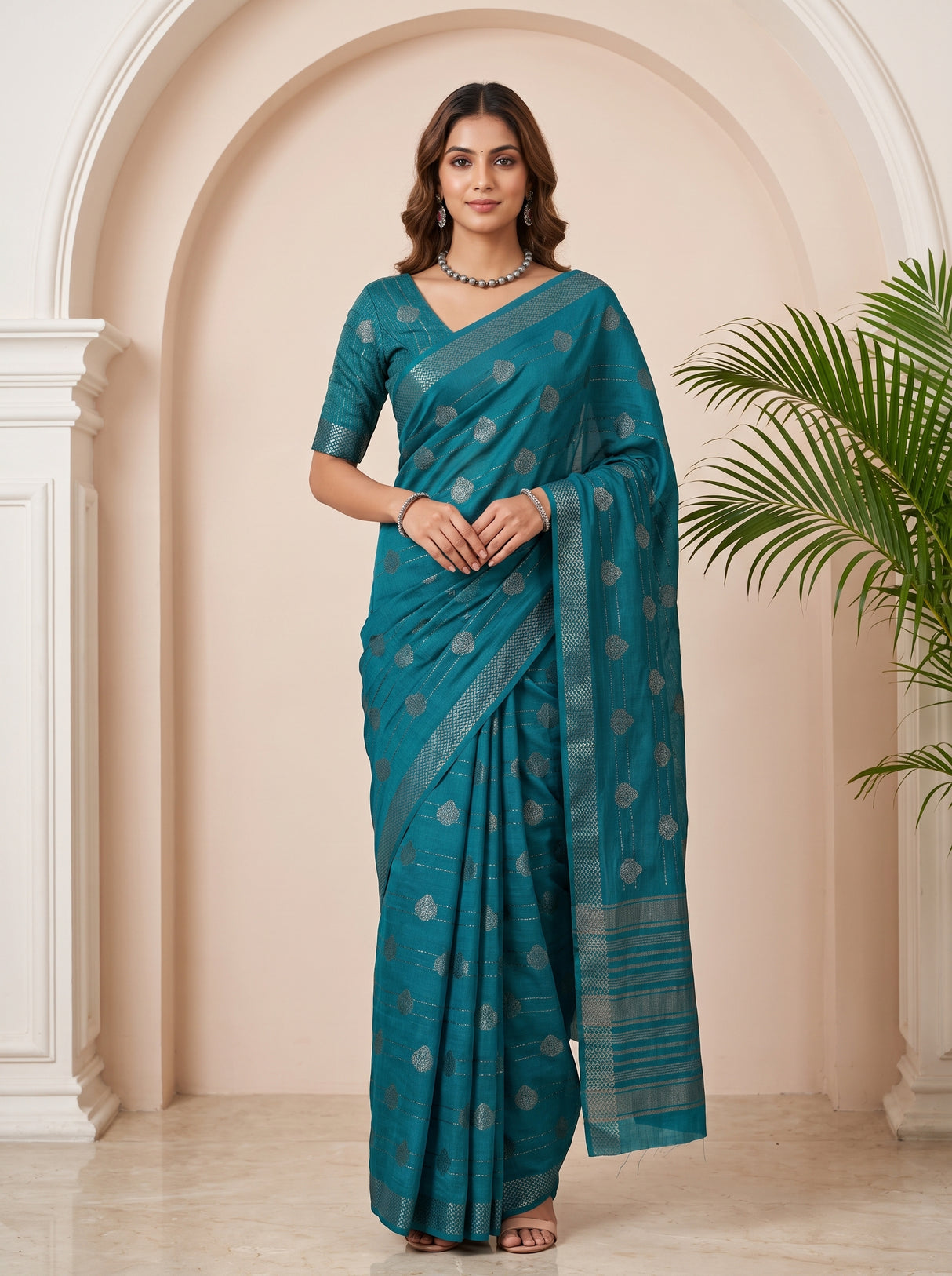MIMOSA Sapphire Banarasi tusser Saree — AI Model lifestyle pose