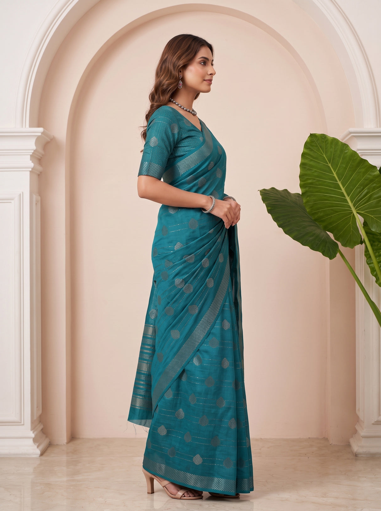 MIMOSA Sapphire Banarasi tusser Saree — pose 3 styling detail