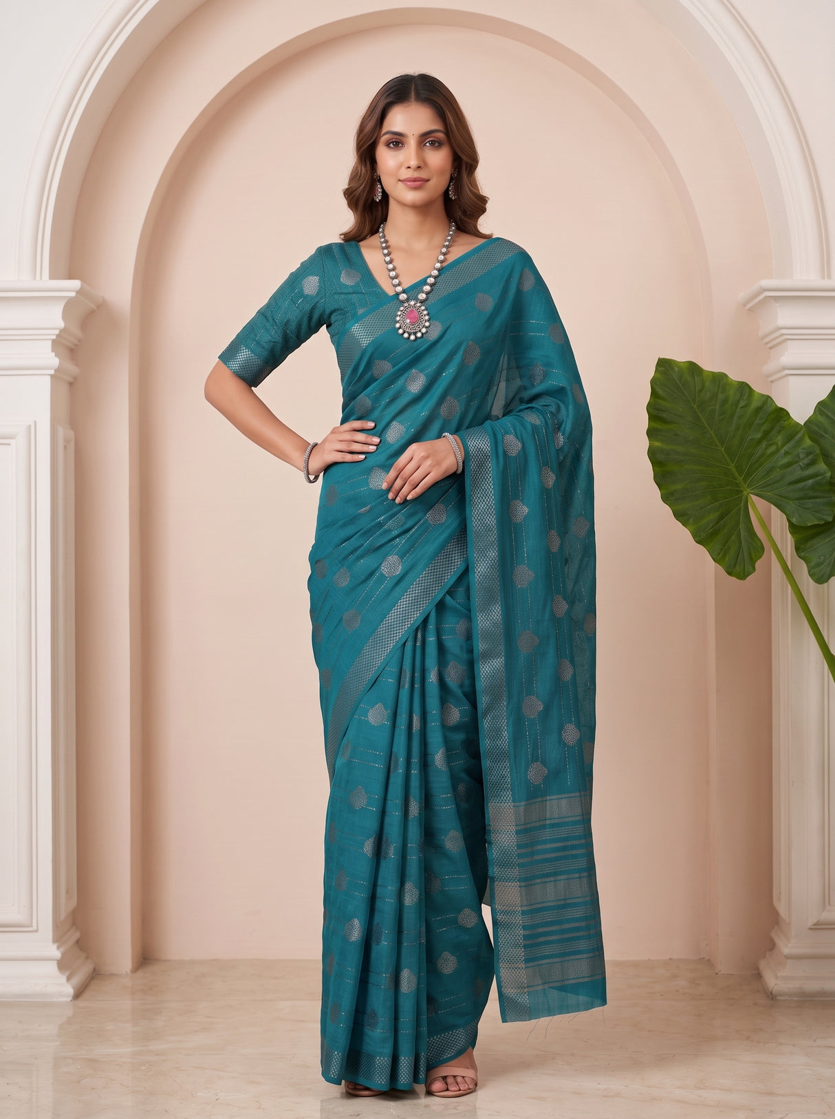 MIMOSA Sapphire Banarasi tusser Saree — pose 4 styling detail