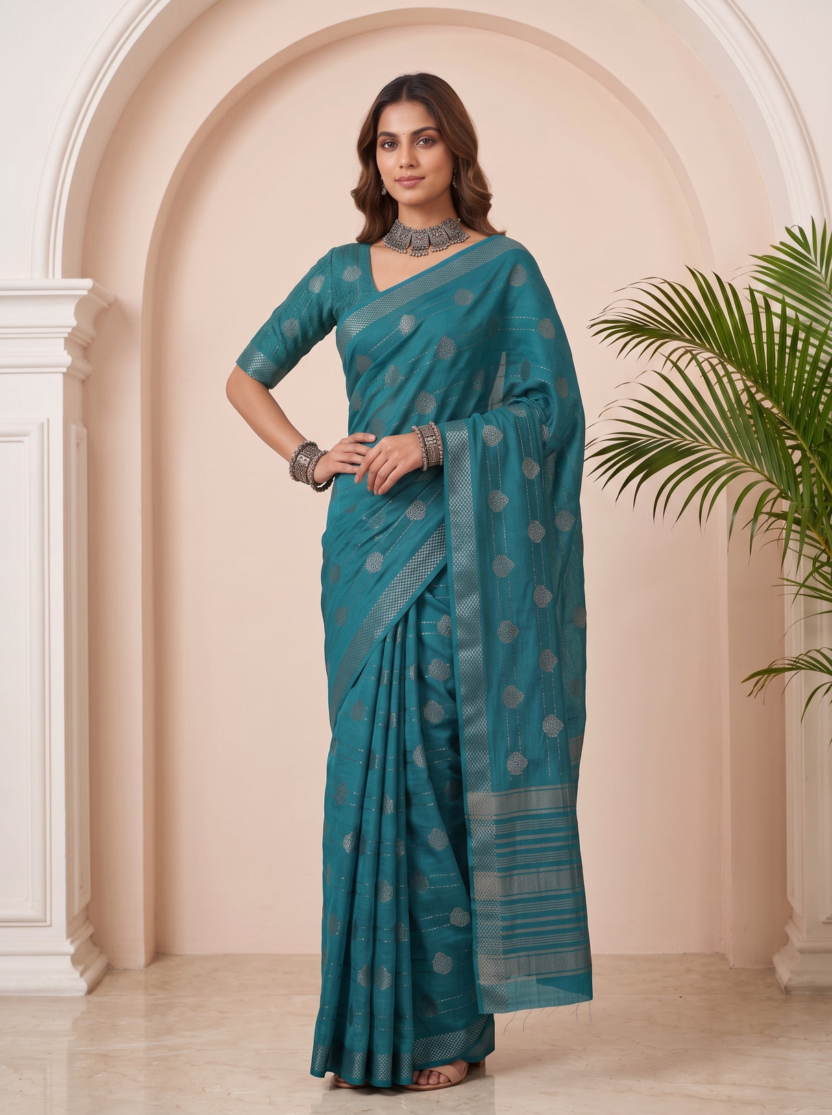 MIMOSA Sapphire Banarasi tusser Saree — pose 5 styling detail
