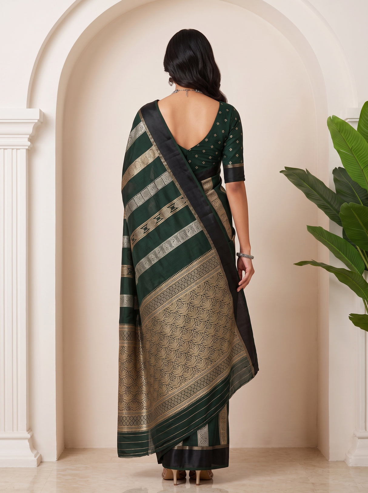 MIMOSA Bottle Green Saree Saree — pose 2 styling detail