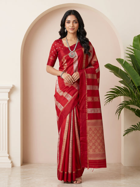 MIMOSA Red Saree Saree — front view on mannequin
