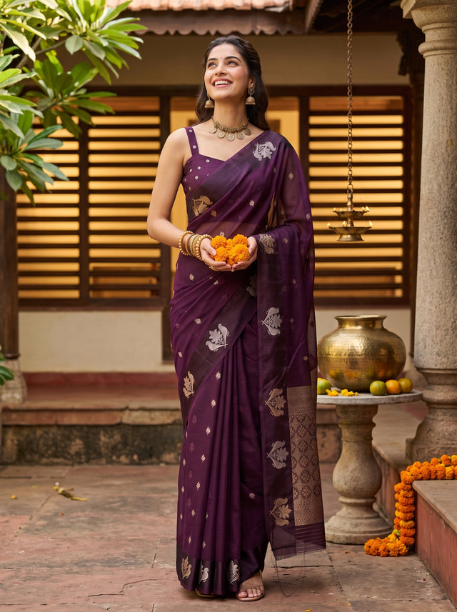 MIMOSA Jamun Manipuri Linen Saree — AI Model lifestyle