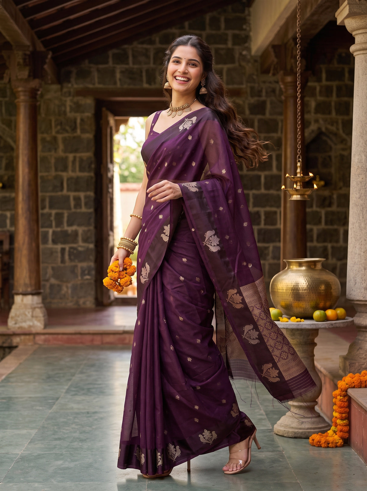 MIMOSA Jamun Manipuri Linen Saree — pose 9 styling detail