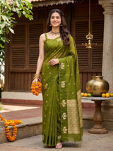 MIMOSA Olive Manipuri Linen Saree — AI Model lifestyle
