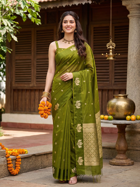 MIMOSA Olive Manipuri Linen Saree — AI Model lifestyle