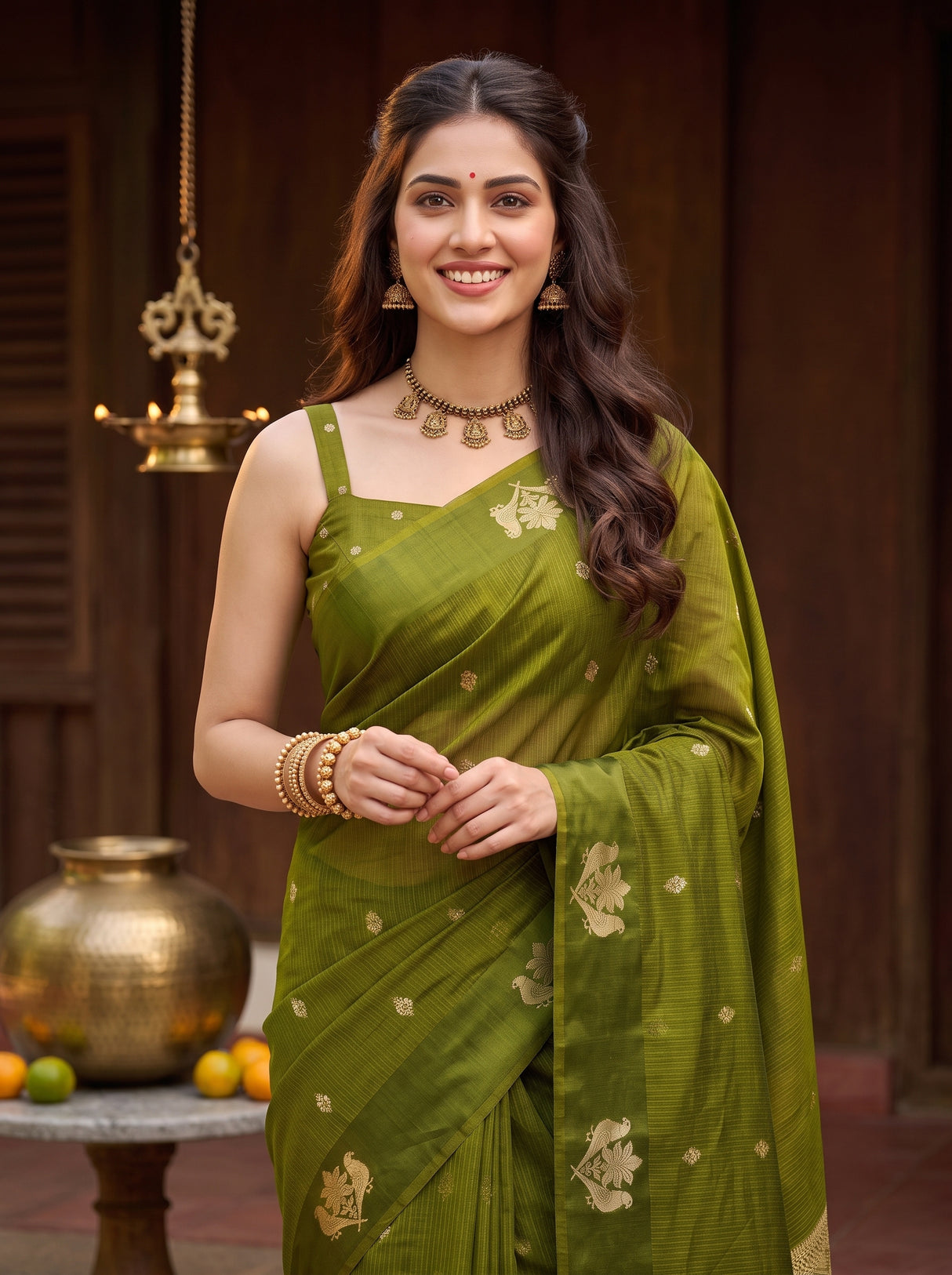MIMOSA Olive Manipuri Linen Saree — pose 10 styling detail